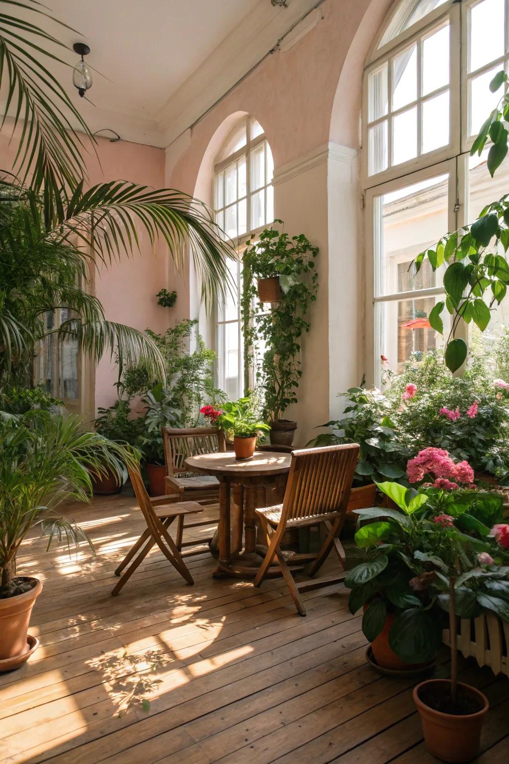 A contemporary living space enriched with natural elements like plants and wood.