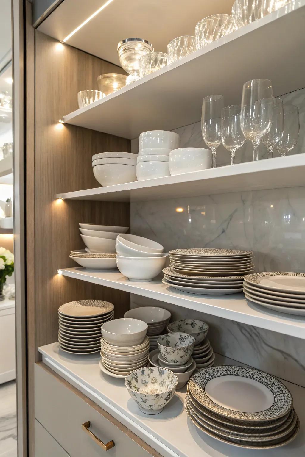 Tastefully exhibited serveware amplifies the display cabinet's practicality and aesthetic appeal.