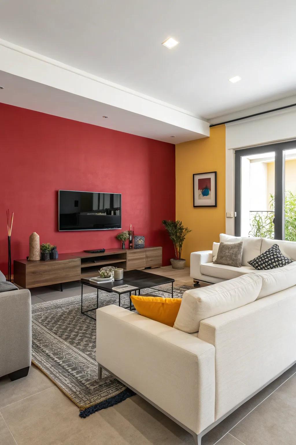 A wall splashed with a daring color provides a stunning backdrop in a modern family room.