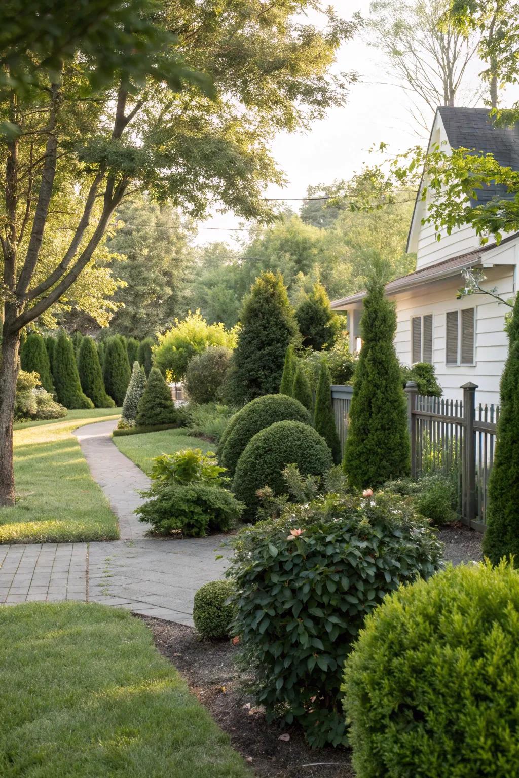 Evergreen plants in a front yard providing continuous greenery and requiring little maintenance.