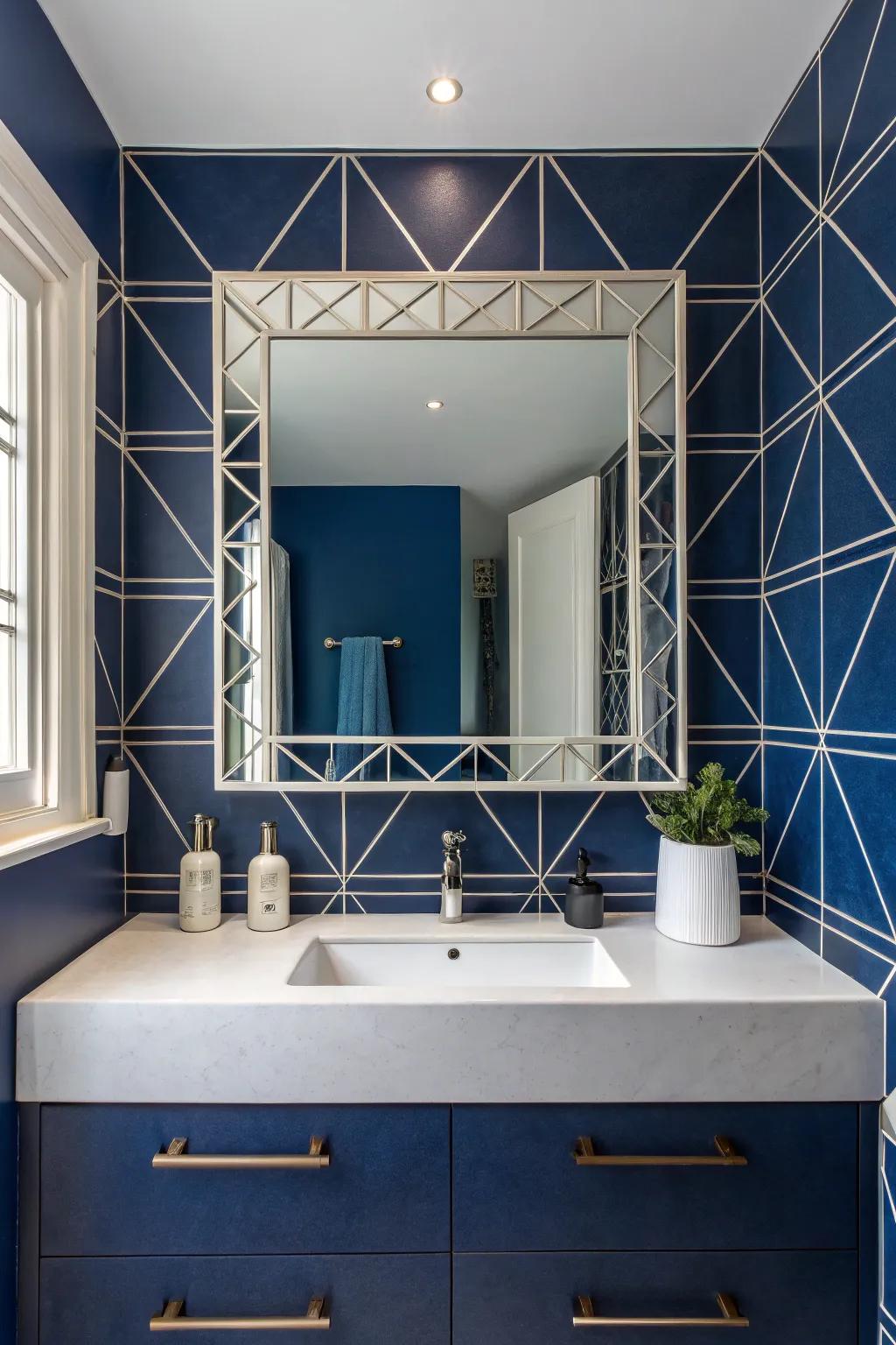 Geometric looking glasses enhance dimension and style in deep sea bathrooms.