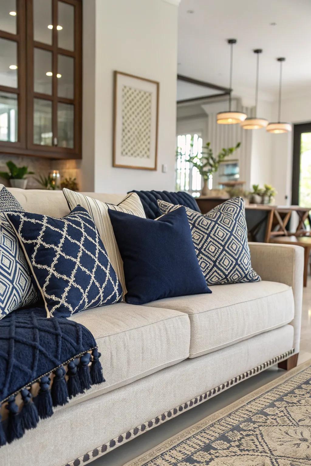 Dark pillows add a welcoming and inviting touch.