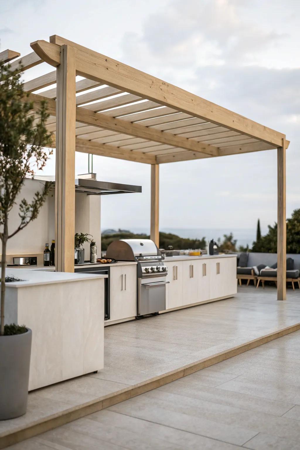 Minimalist pergola that enhances a sleek outdoor kitchen.