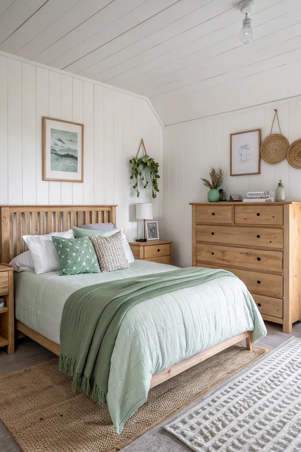 A sage green and white palette delivers a refreshing and calming environment.
