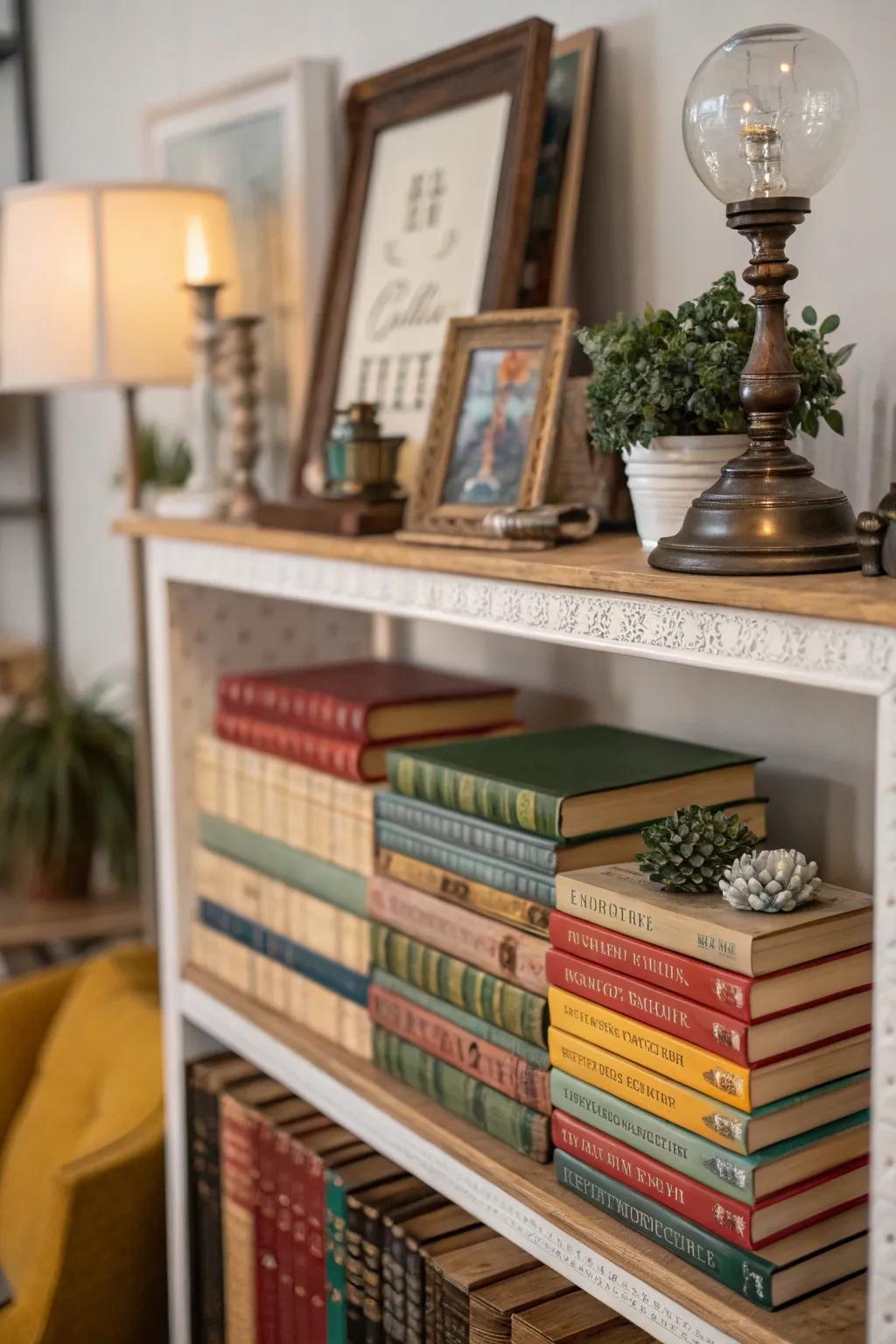 Achieve sophistication by arranging books horizontally.