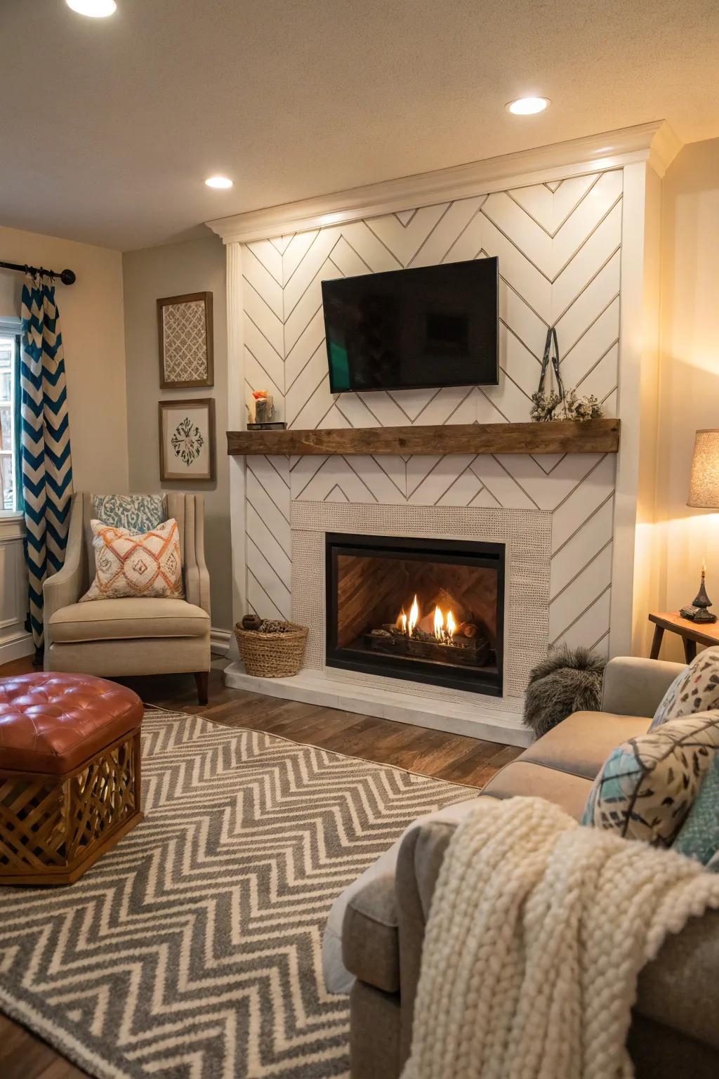 A herringbone patterned shiplap fireplace adding texture.