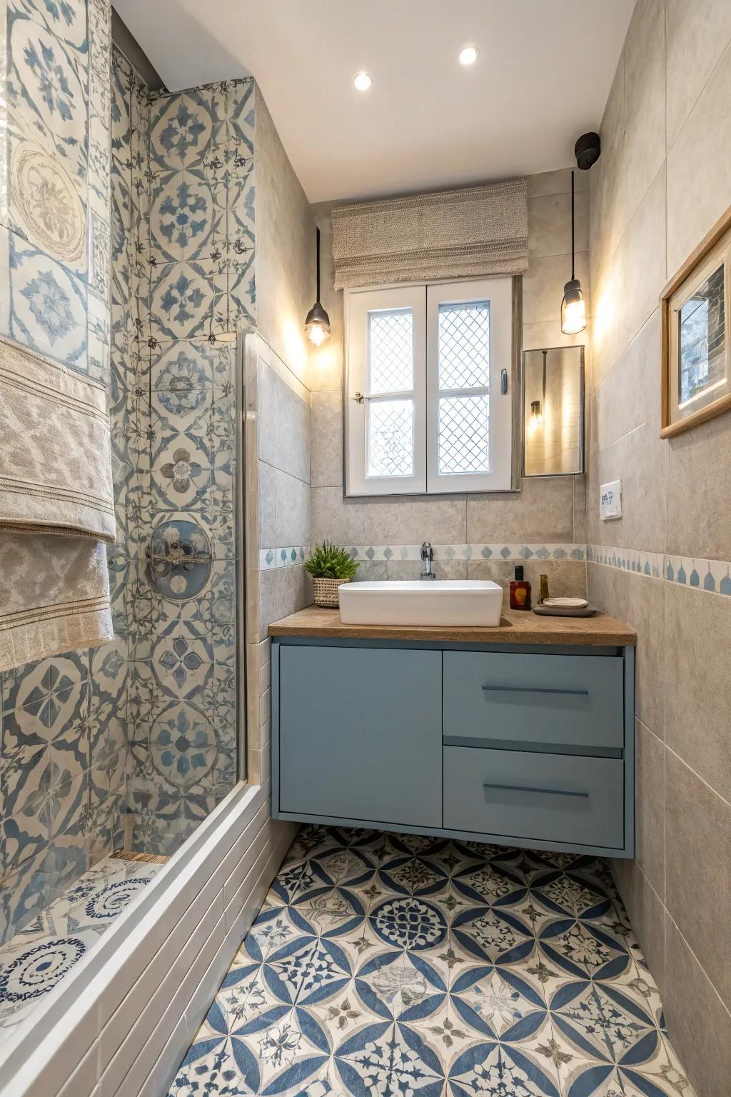 Fashionable wall finishes add persona to this compact bathroom.