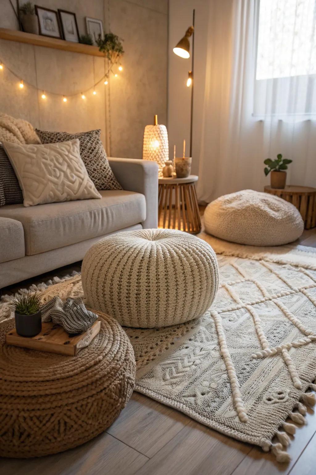 A small, contemporary living space incorporating textured rugs and cushions, designed for added comfort.