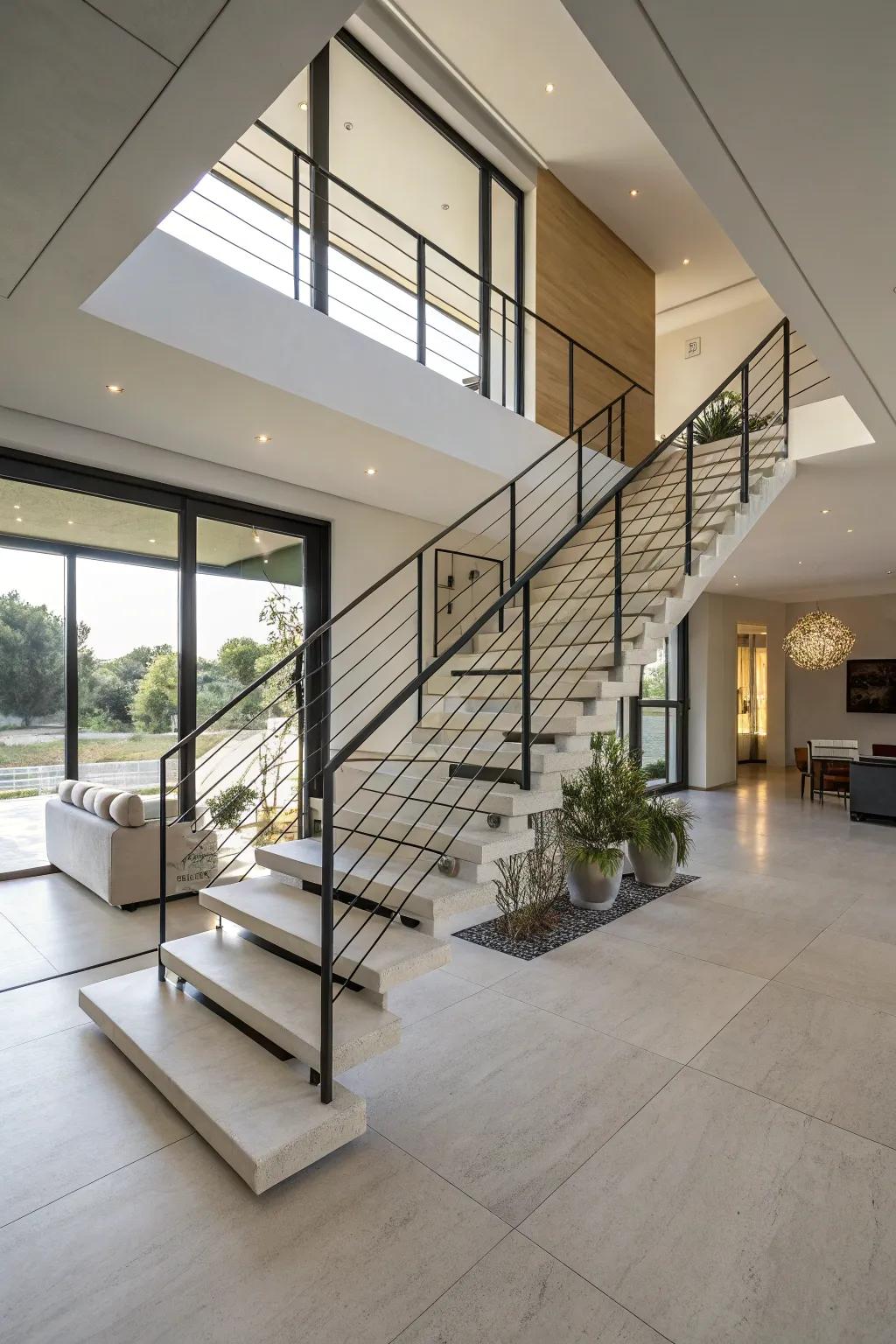 Floating stairs offer a streamlined architectural touch.