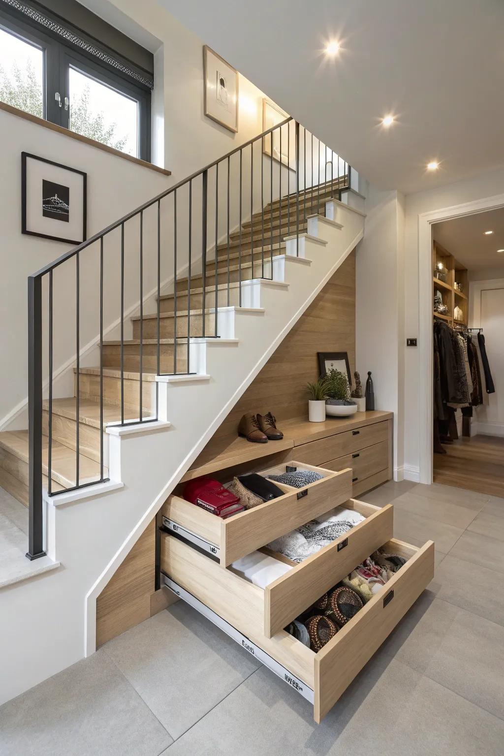Beneath-step concealment amplifies utility without compromising aesthetic.
