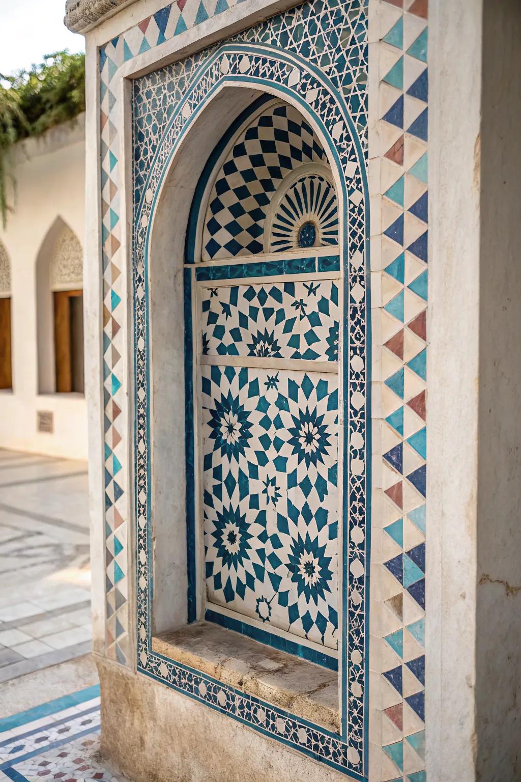 A wall niche showcasing a striking geometric design pattern.