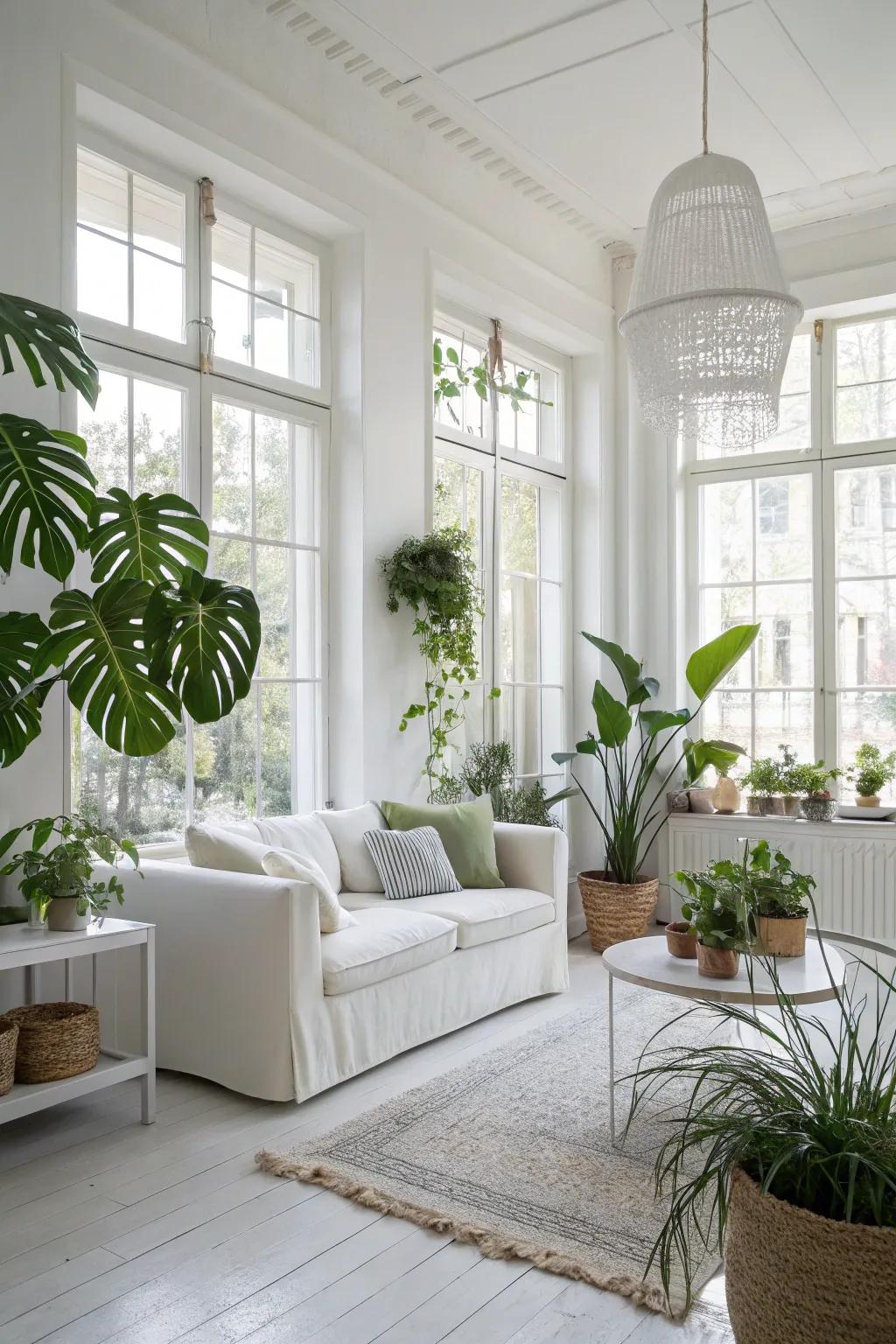 Indoor plants add a fresh touch to a contemporary white living room.
