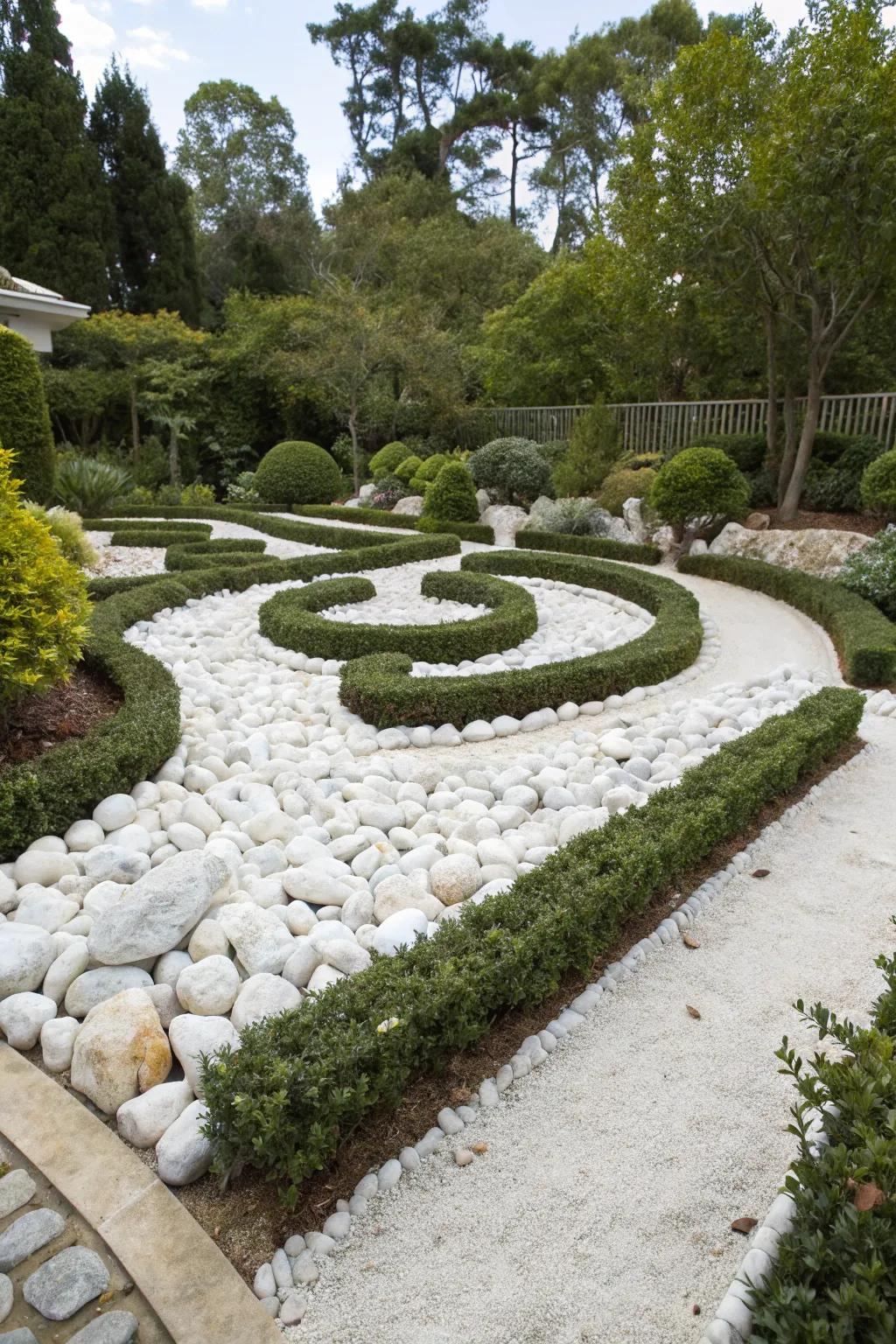A tidy garden featuring white stones, delineated by polished metal or timber borders.