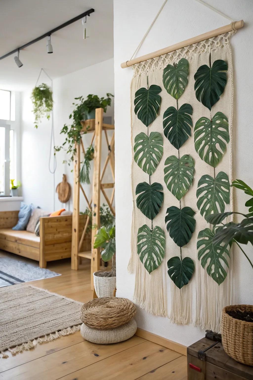 A studio featuring a wall hanging made of imitation monstera leaves.