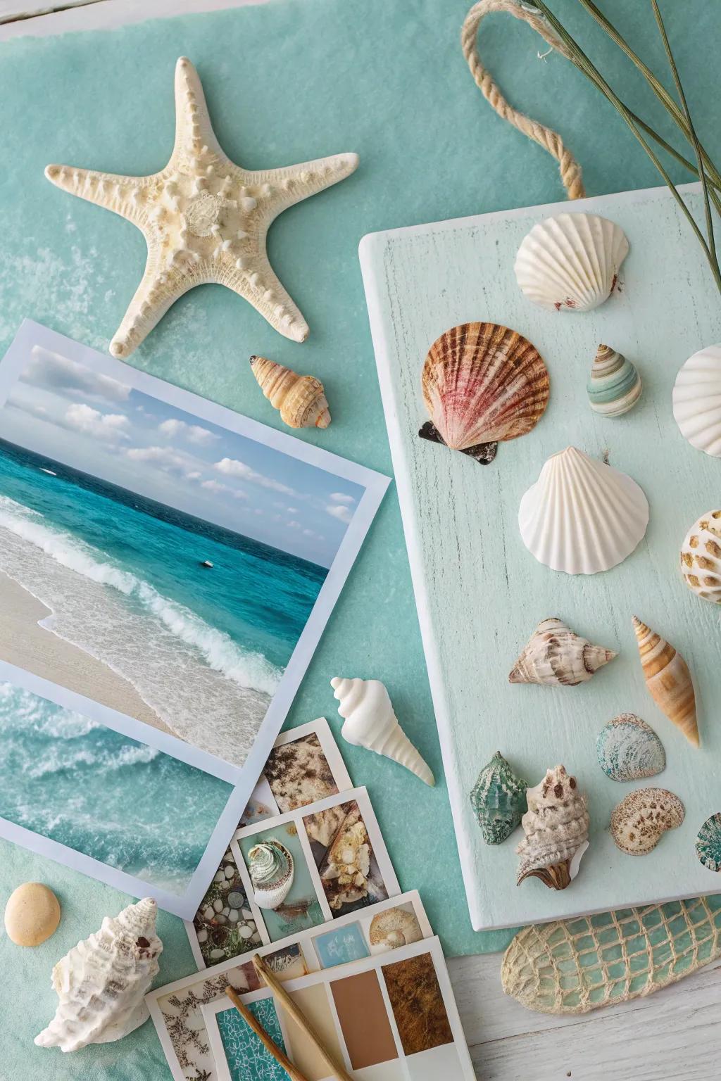 A shoreline mood board with ocean colors and sandy feels.