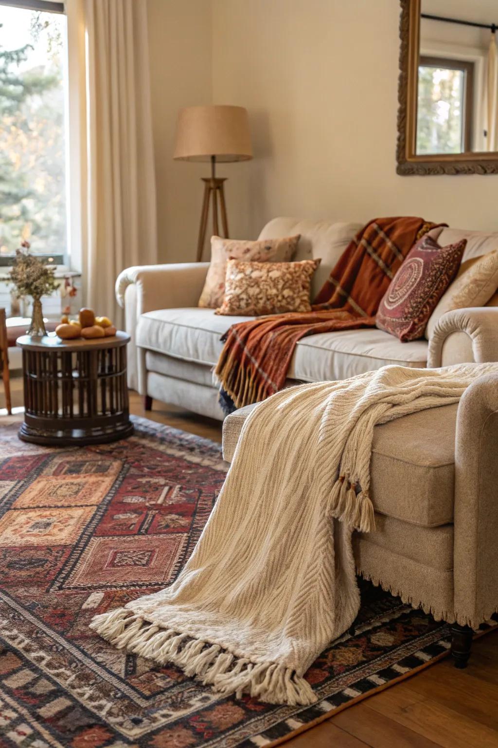 Tactile layers of rugs and blankets enhance the room's coziness.