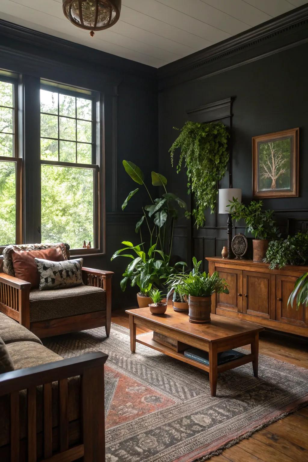 Natural elements such as wood furniture and plants in a calmly lit living room.