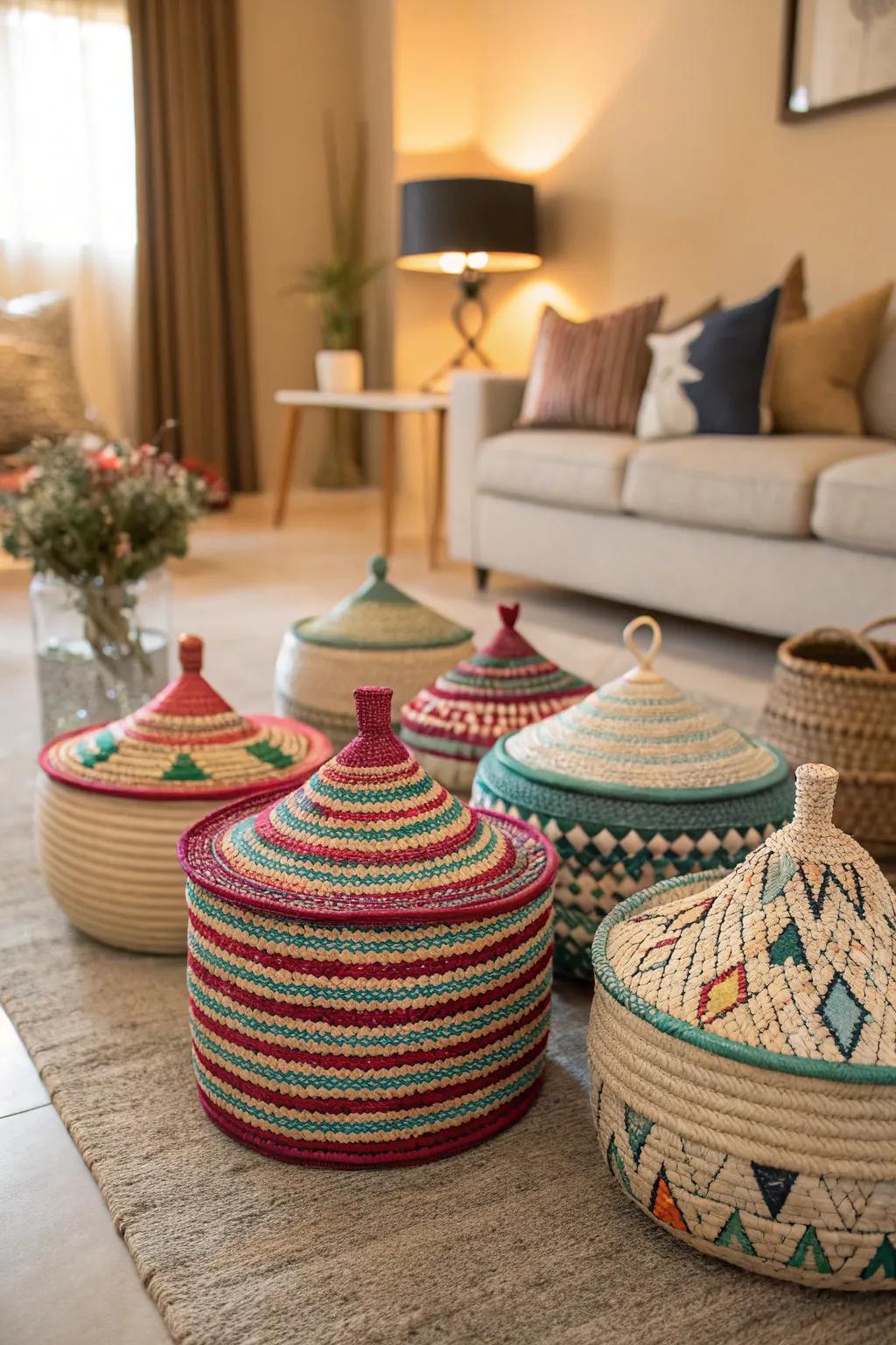 Fashionable handmade baskets providing practical storage solutions.