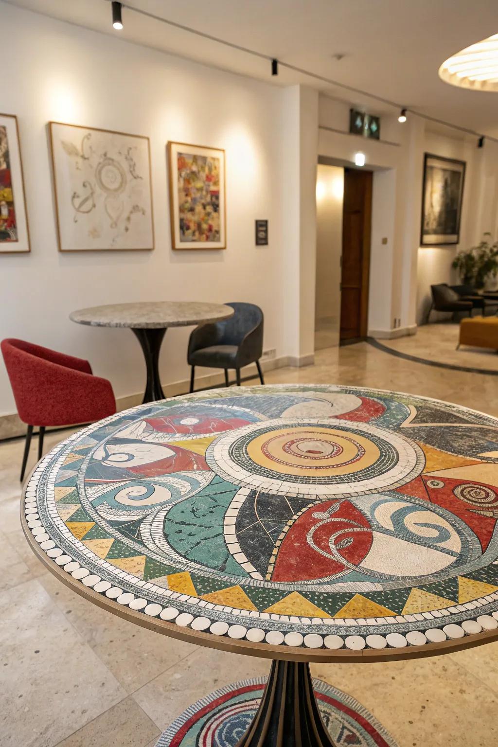 Non-representational mosaic designs transform tables into captivating artistic creations.