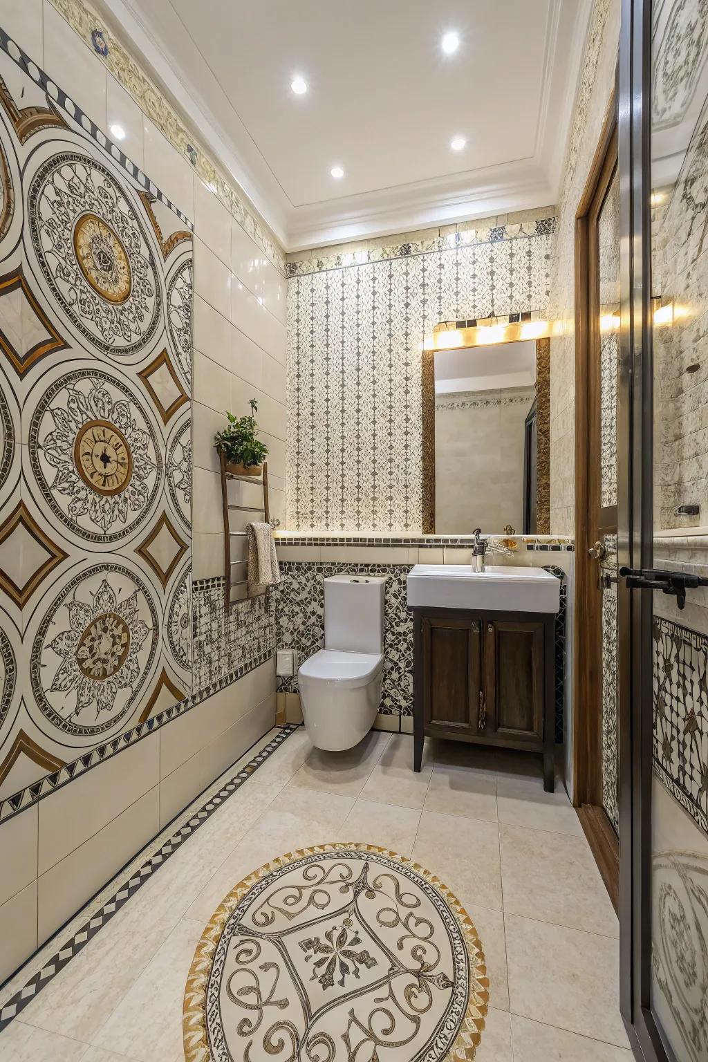 A balanced mix of classic and modern mosaic designs in the bathroom.