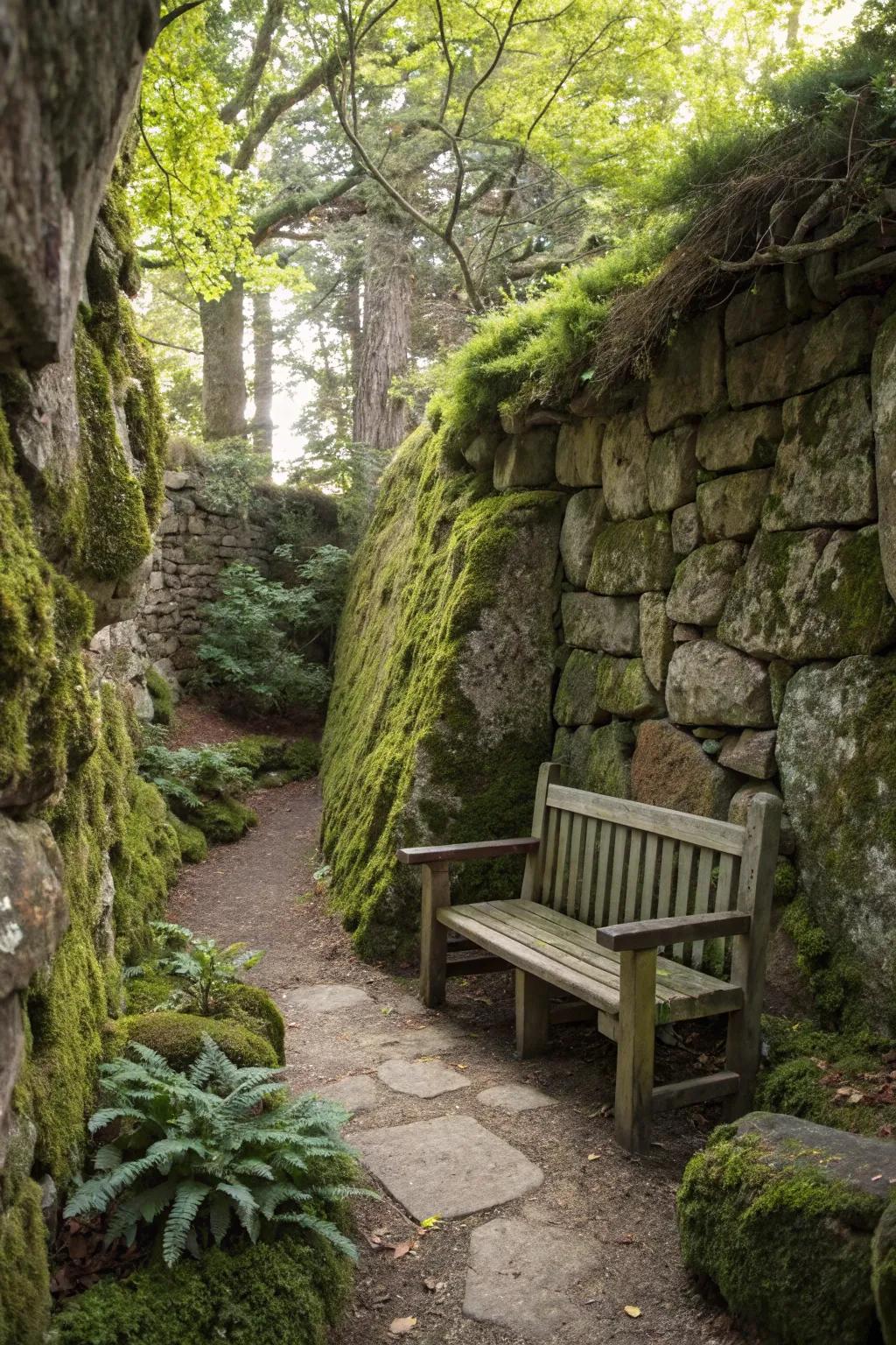 A secret garden hideaway concealed behind moss-covered stones.