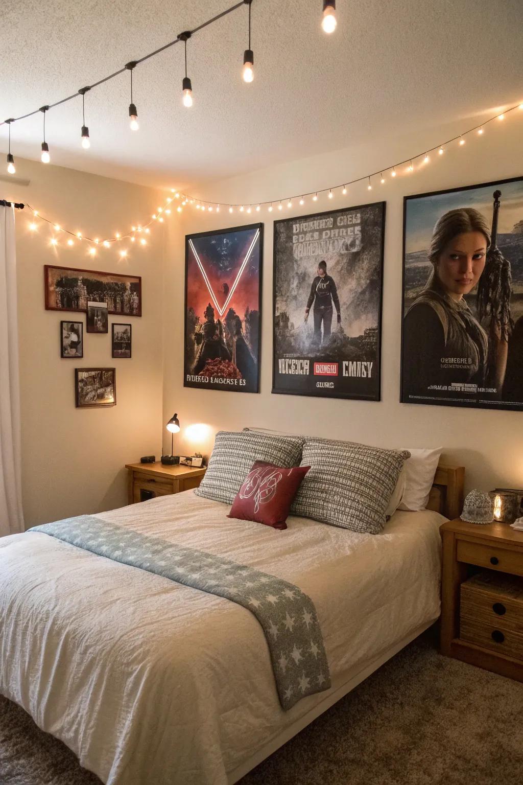 A bedroom featuring emblematic movie imagery art above the bed.