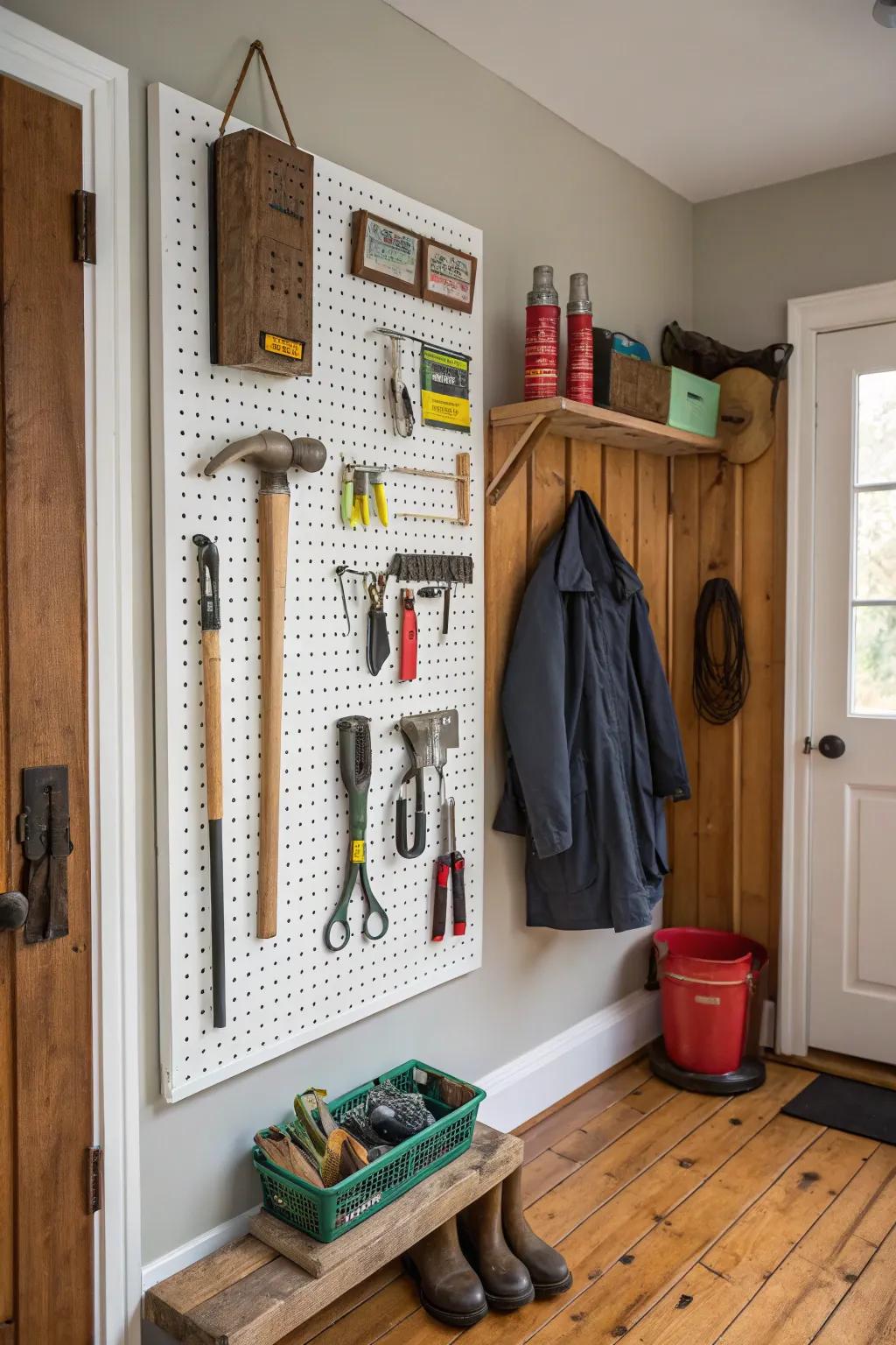 A pegboard provides flexible storage options for diverse items.