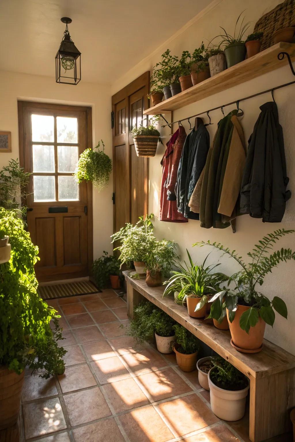 A mudroom is enhanced with potted plants and suspended greenery, creating a lively vibe.