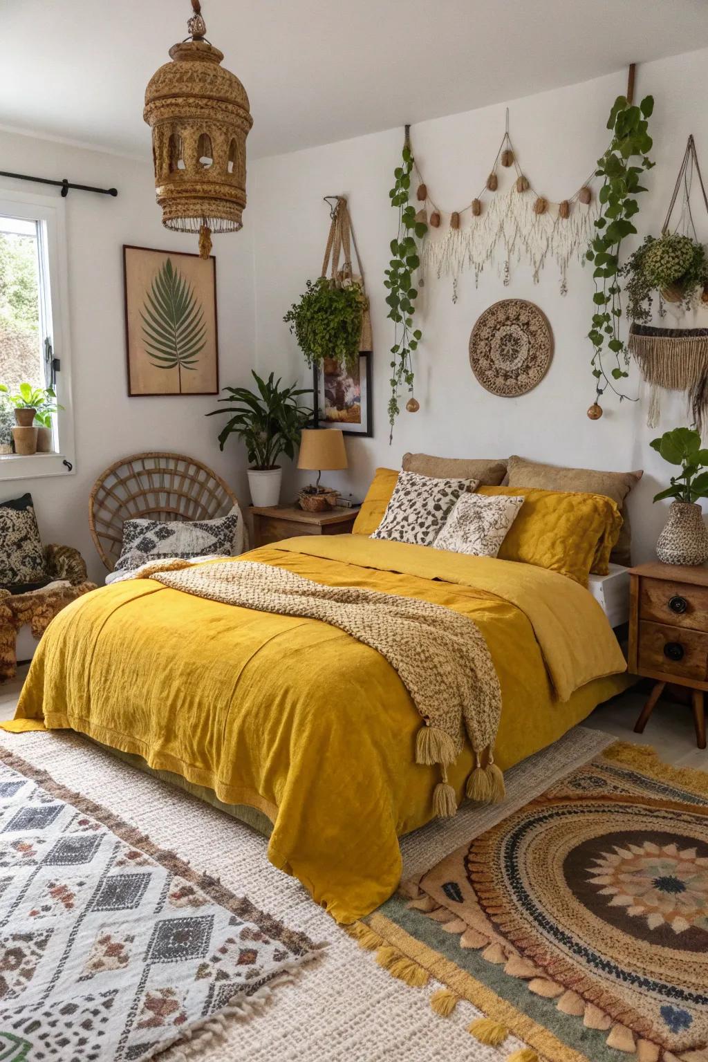 A bohemian bedroom featuring layered textures and goldenrod bedding.