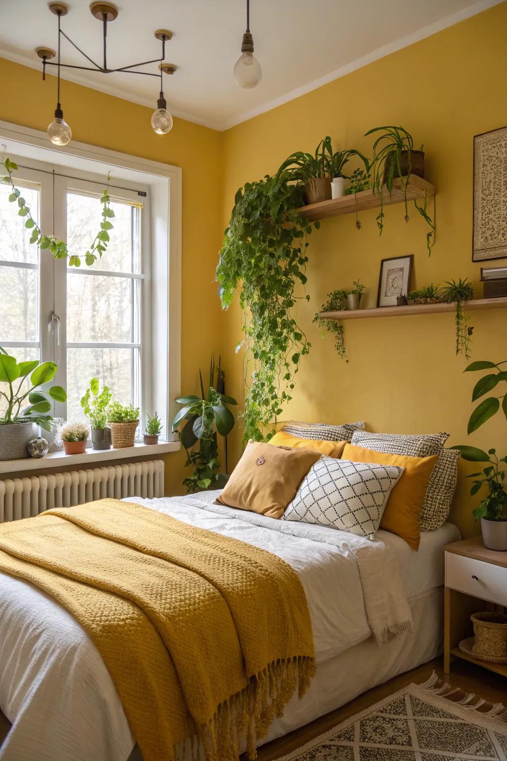 A bedroom exhibiting wheat design hints along with lush green plants.