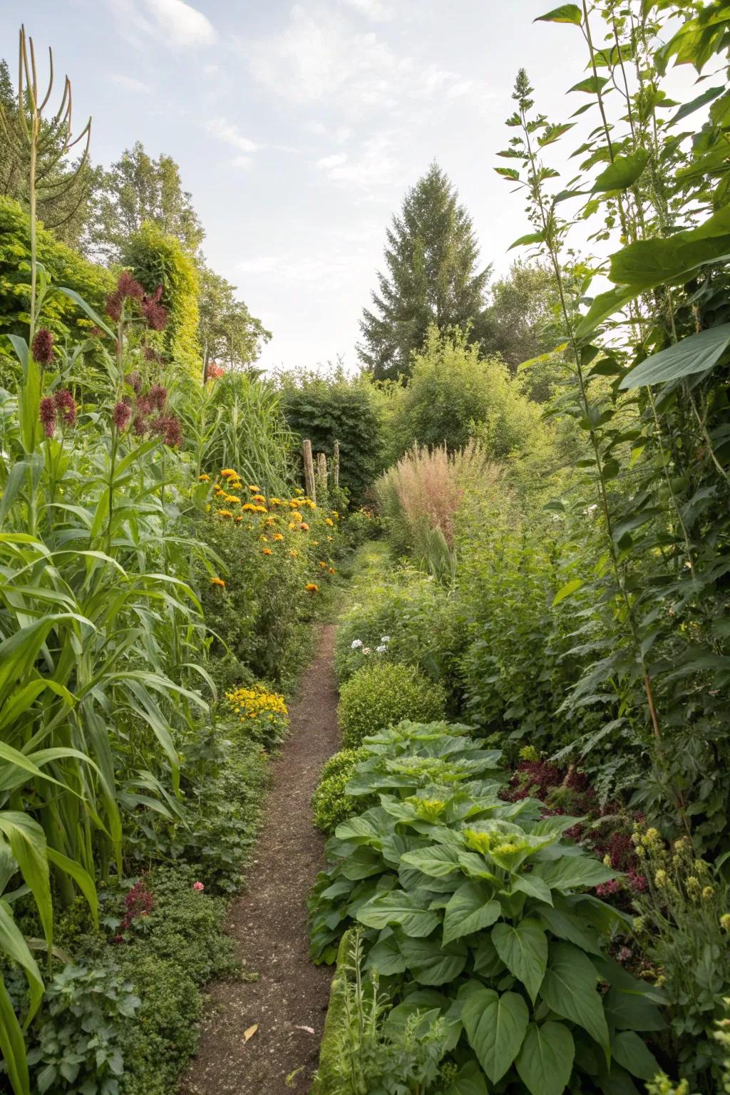 Layered planting adds depth and interest to a narrow garden.