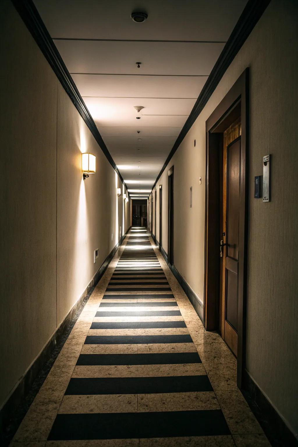 Light and dark tones achieve a dynamic interplay in narrow hallways.
