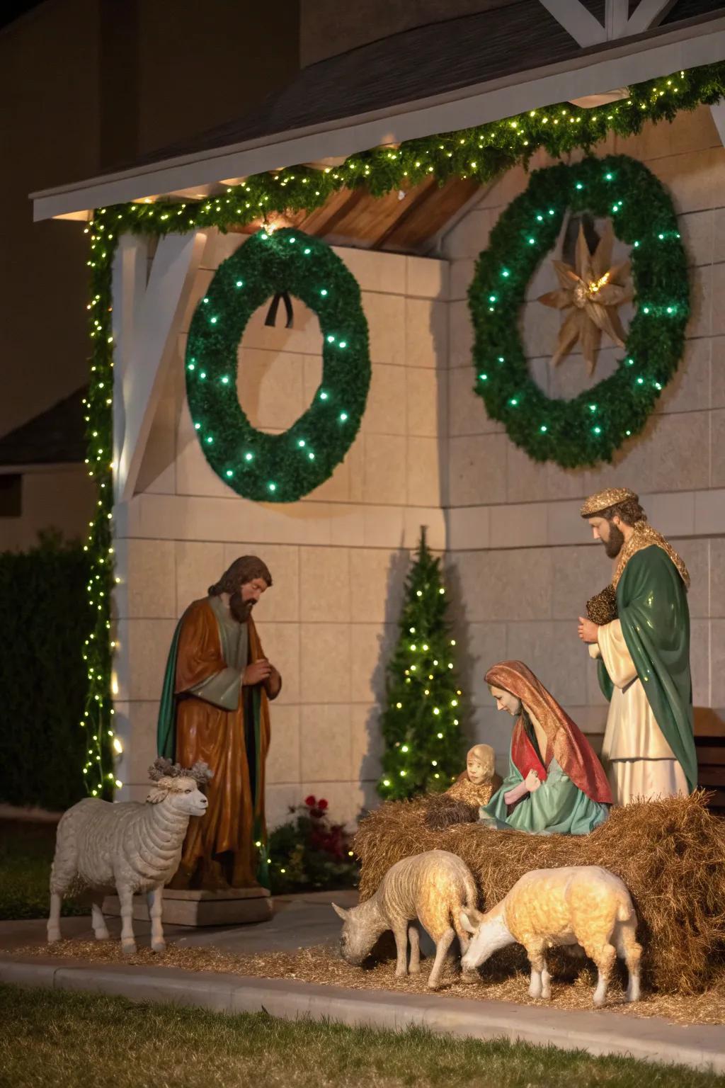Holiday wreaths instill holiday cheer into your nativity scene.