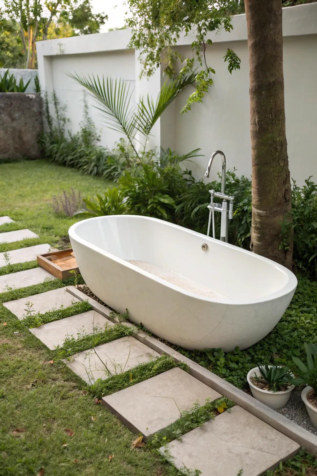 Embrace understated sanctuary with a sleek outdoor bathtub design.