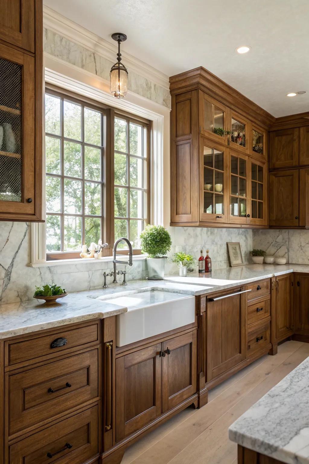 Marble surfaces complement botanical timber fixtures exquisitely.