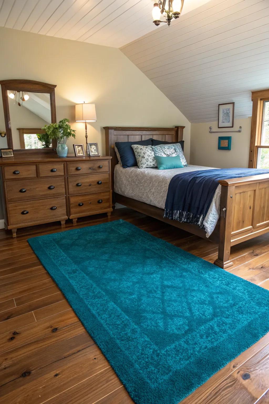 A teal rug adds color and warmth underfoot in your bedroom.