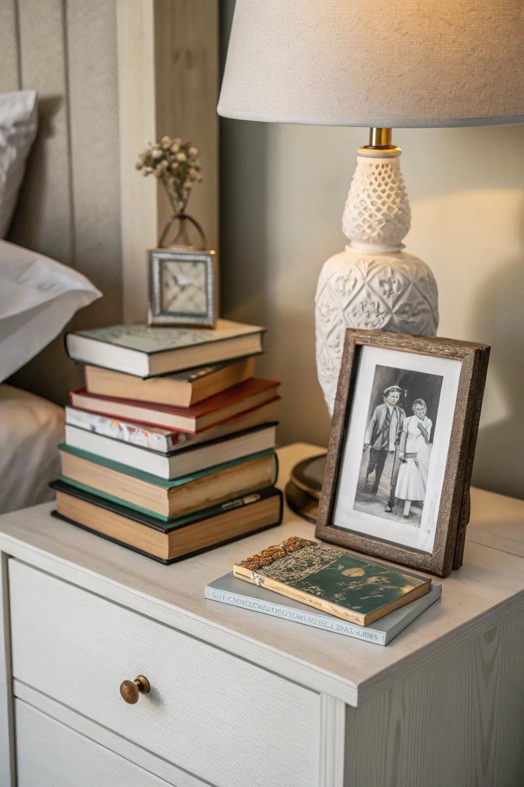 Customize your nightstand with a curated selection of books and cherished items.