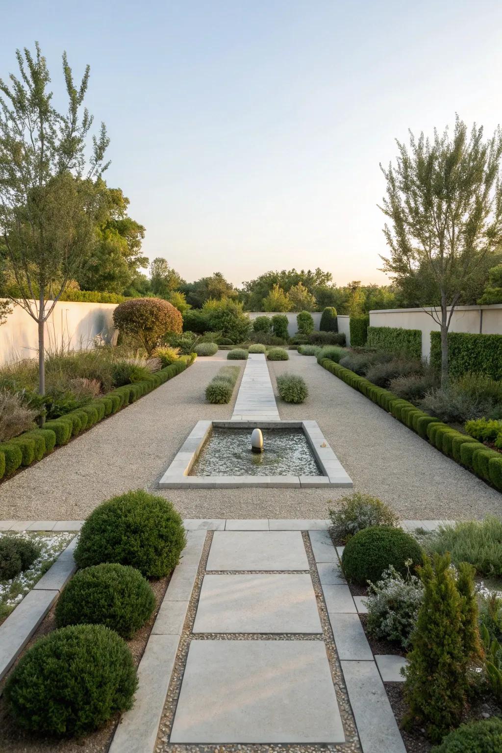 A peaceful and minimalist garden with elements that require little maintenance.