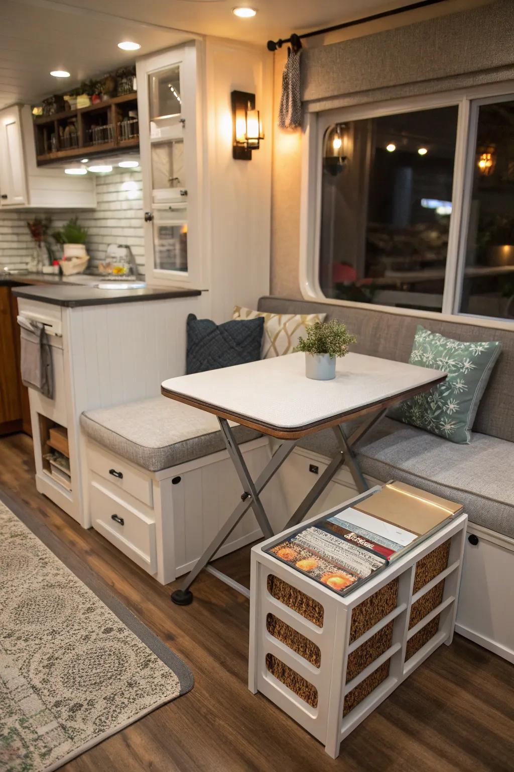 A versatile nook fashioned for both seating and storage.