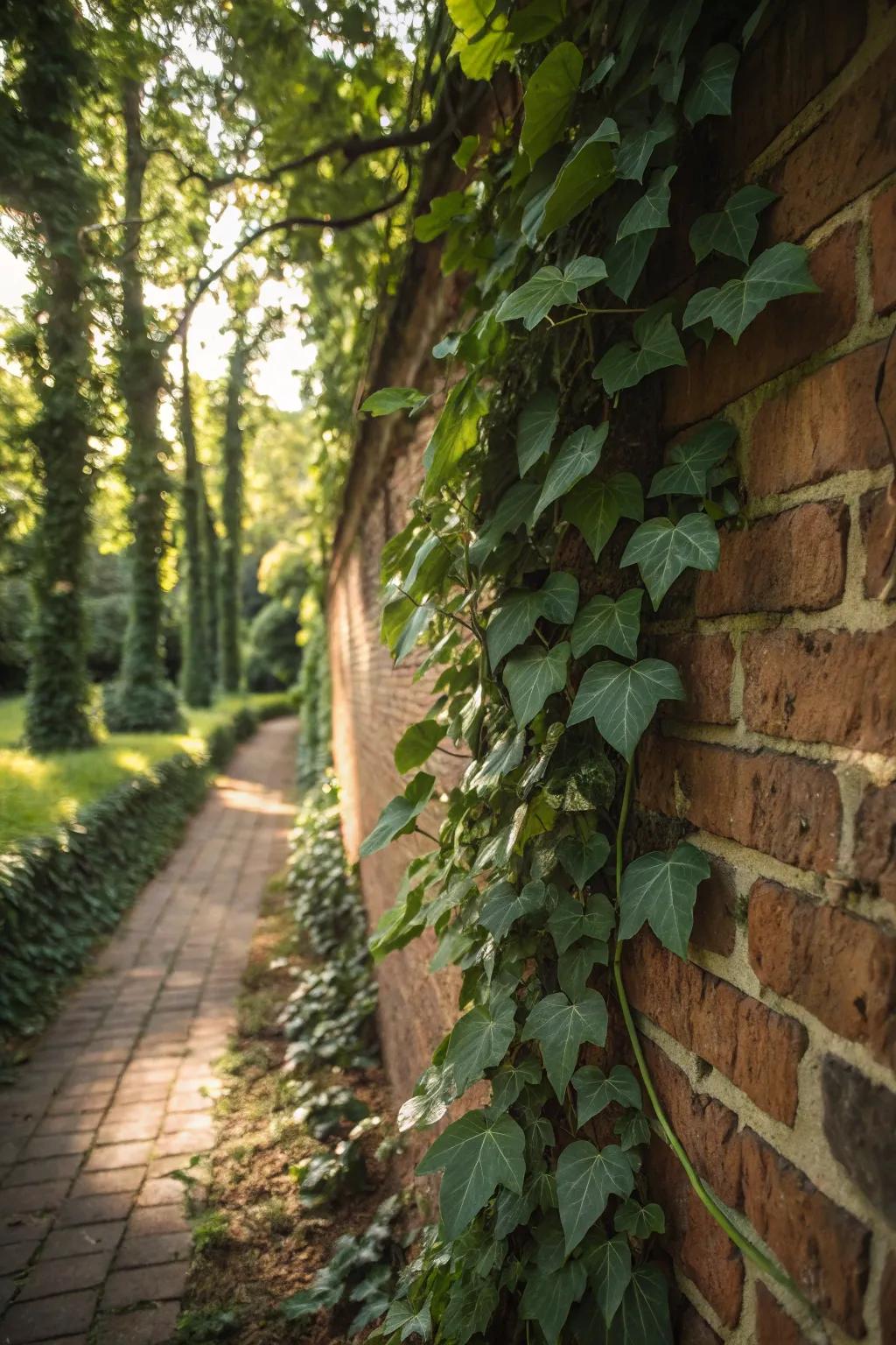 Ivy adding vertical interest with its rich green foliage.