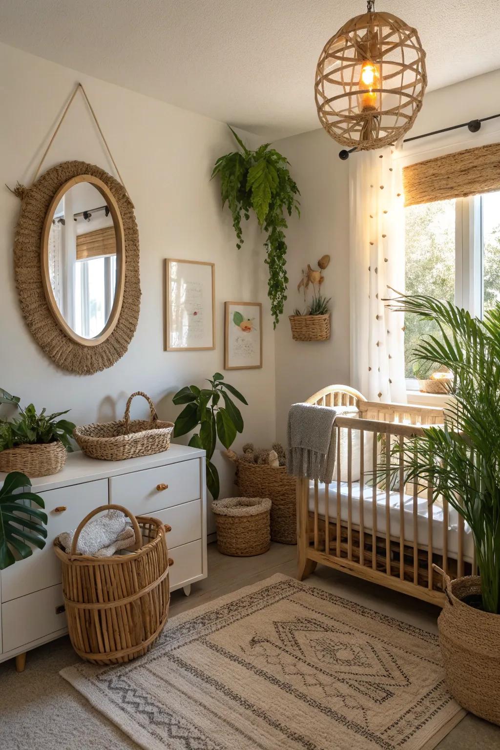This nursery benefits from the natural touch of a mirror framed in wicker, adding warmth and texture.