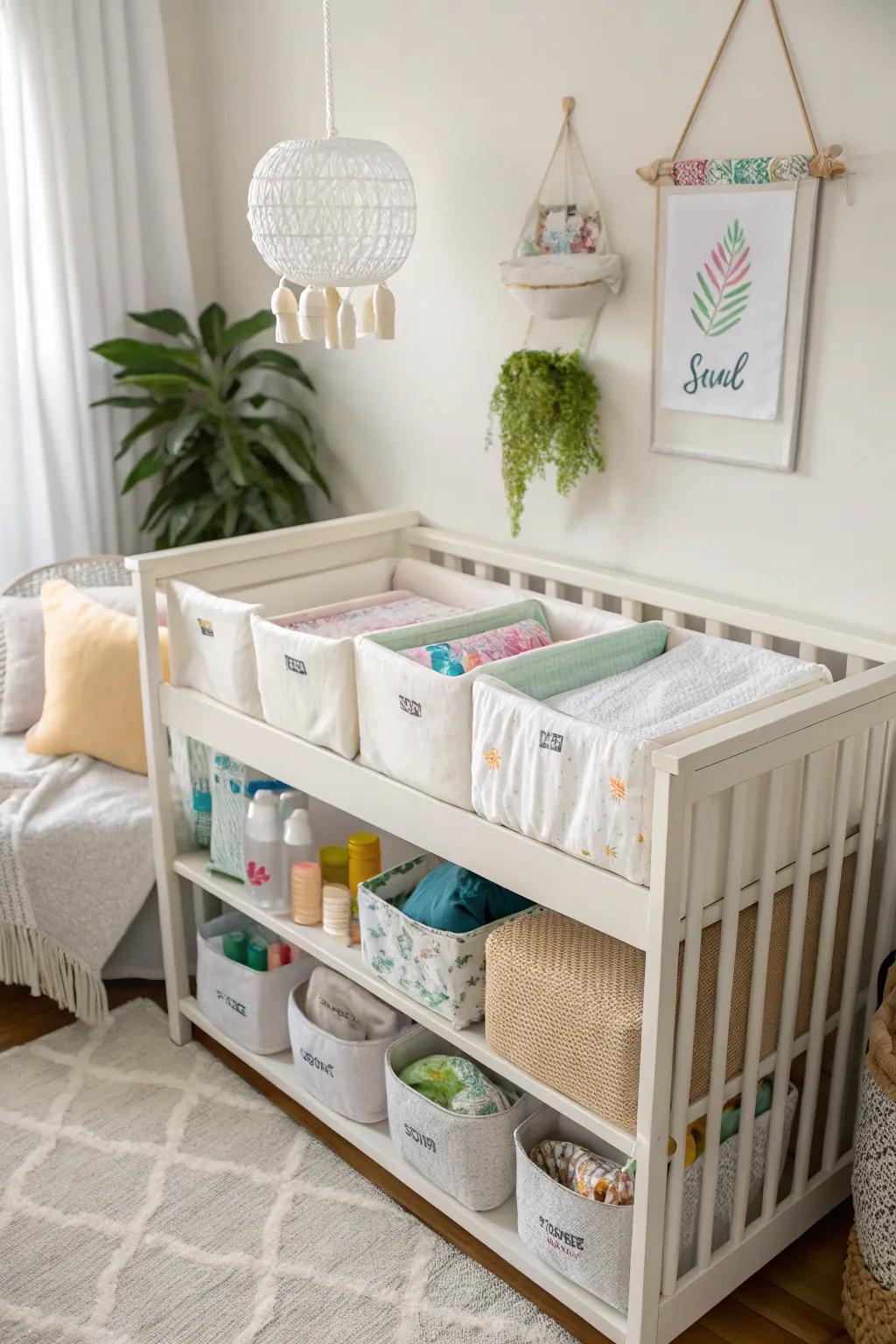 Effective utilization of under-bassinet area with storage bins for additional articles.
