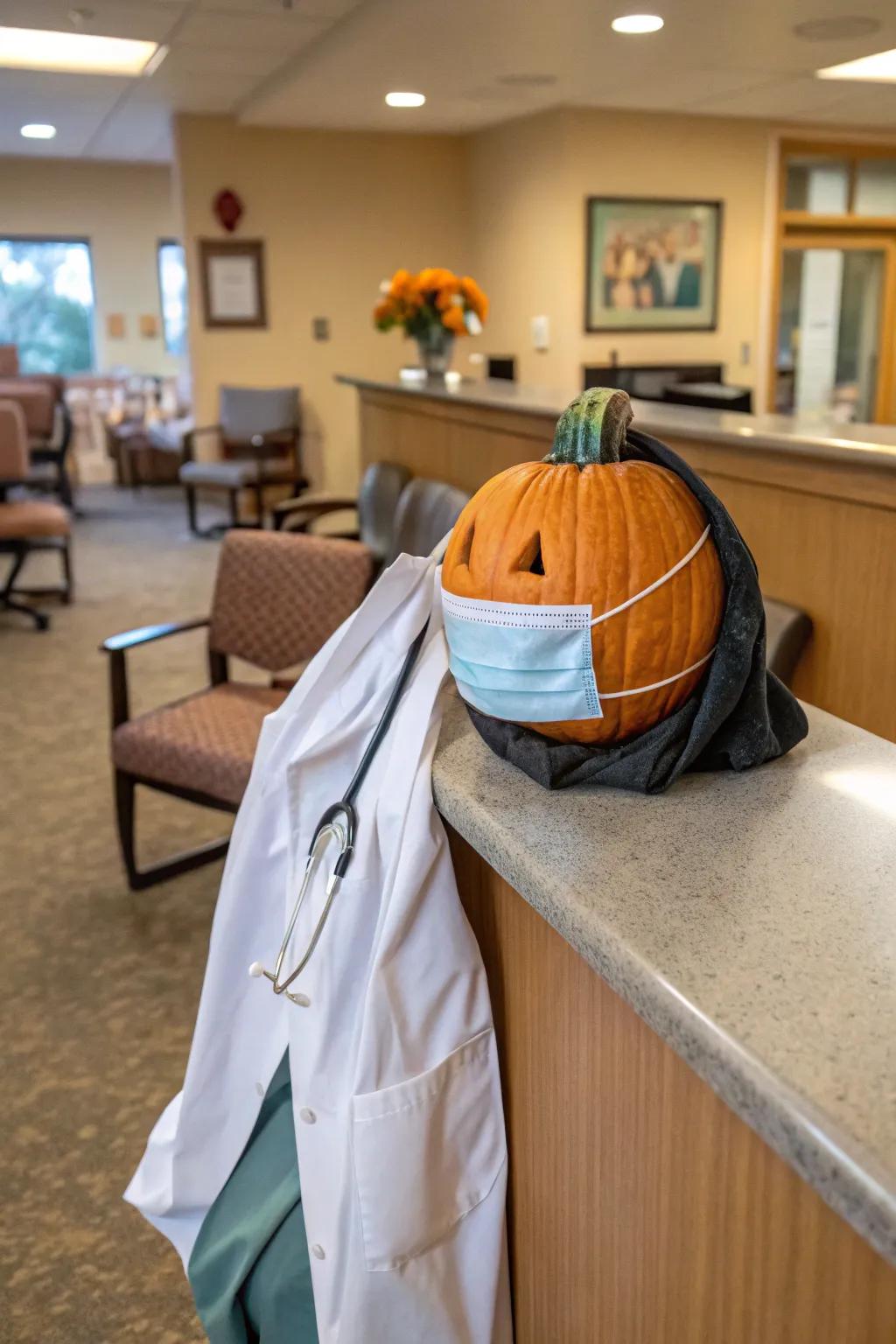 A pumpkin clad as a doctor elicits smiles from everyone.