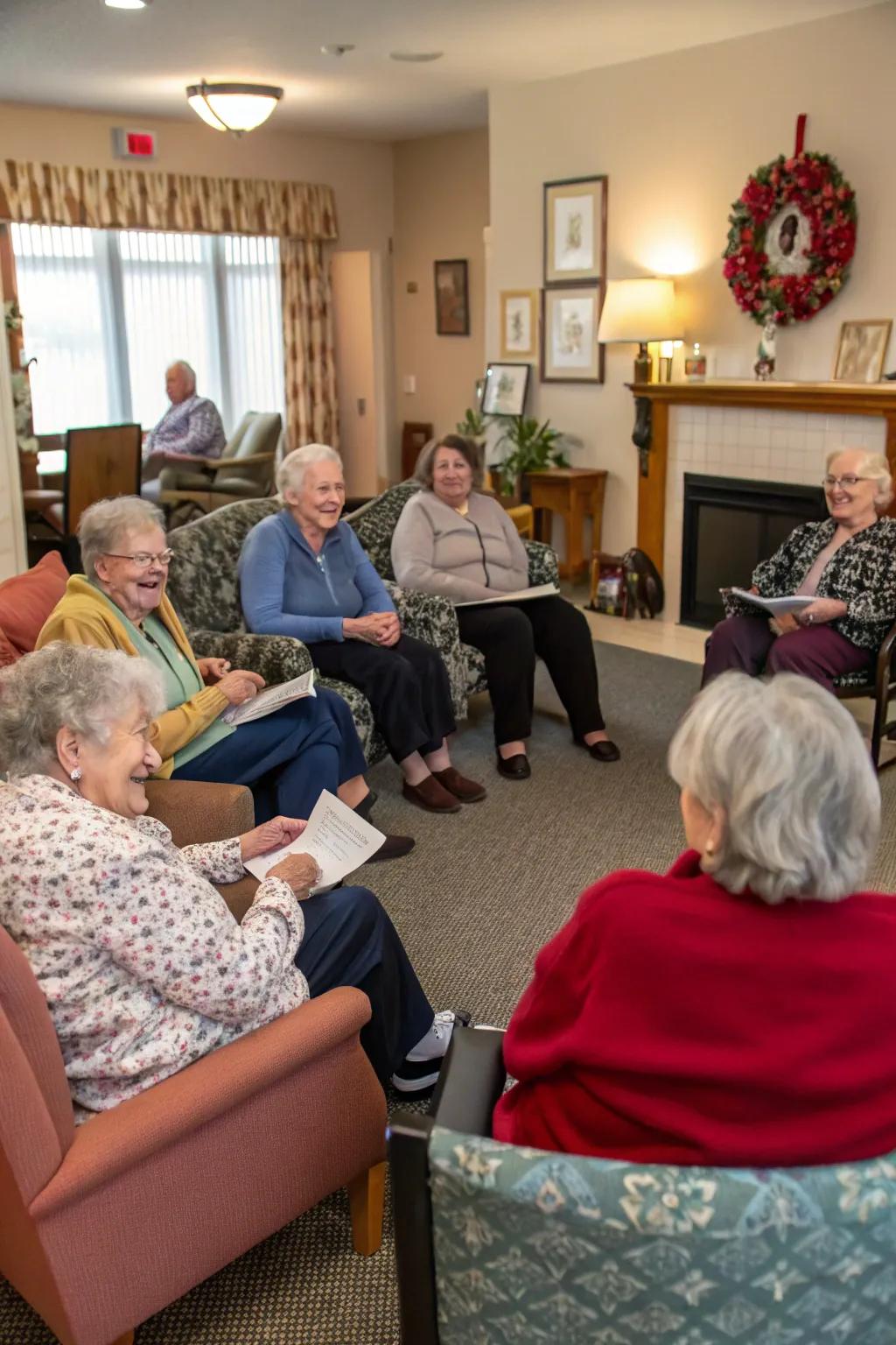 Care home residents exchanging valued love stories within a comfy gathering.