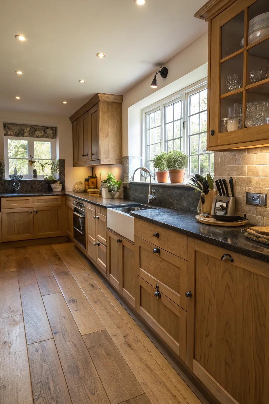 Somber surfaces fashioning a daring differentiation with hardwood floors.
