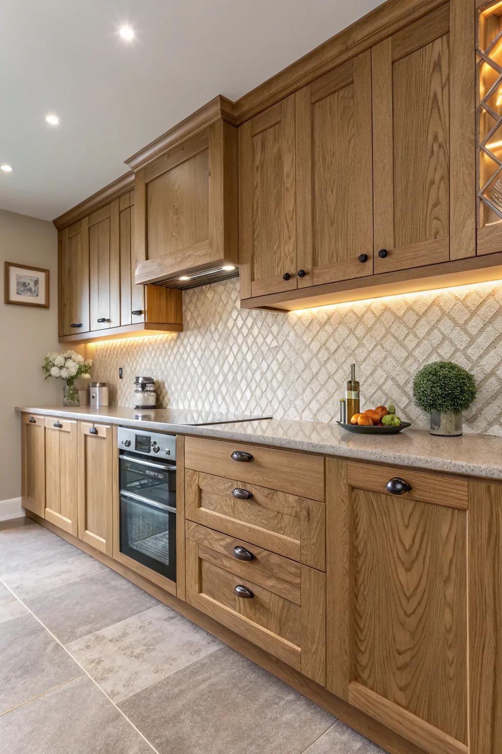 Structured backsplashes enhance the visual appeal of oak kitchens.
