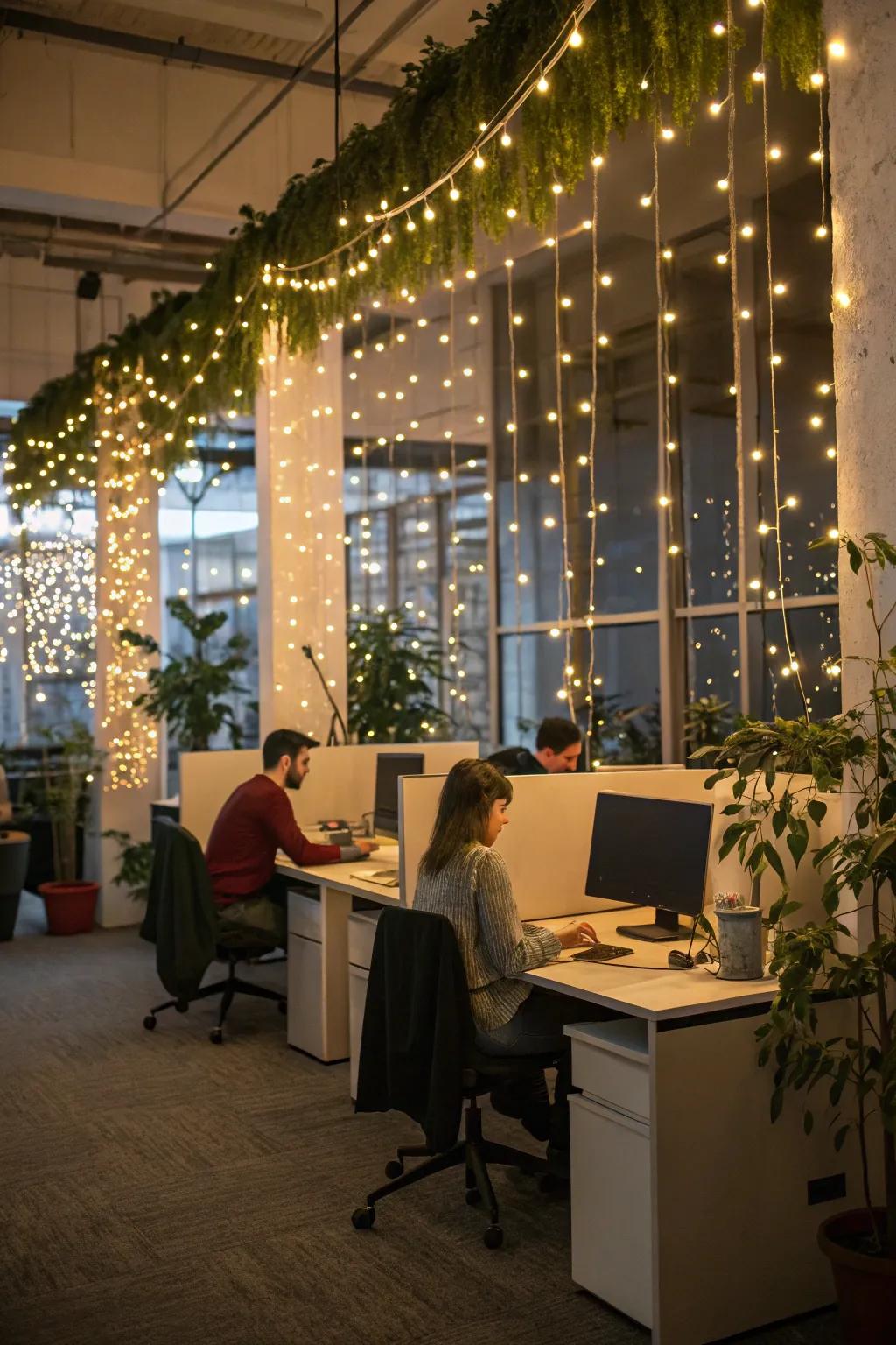 Fairy lights add a hint of magic to the workspace.