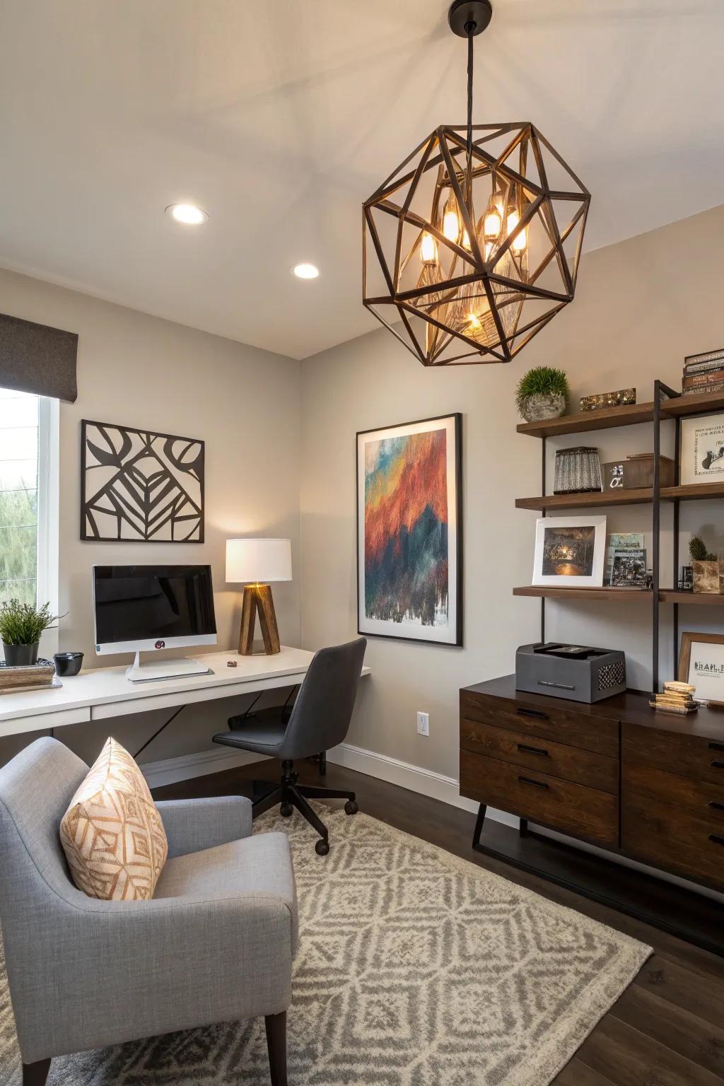 Custom geometric installations contribute an artistic touch to office lighting.