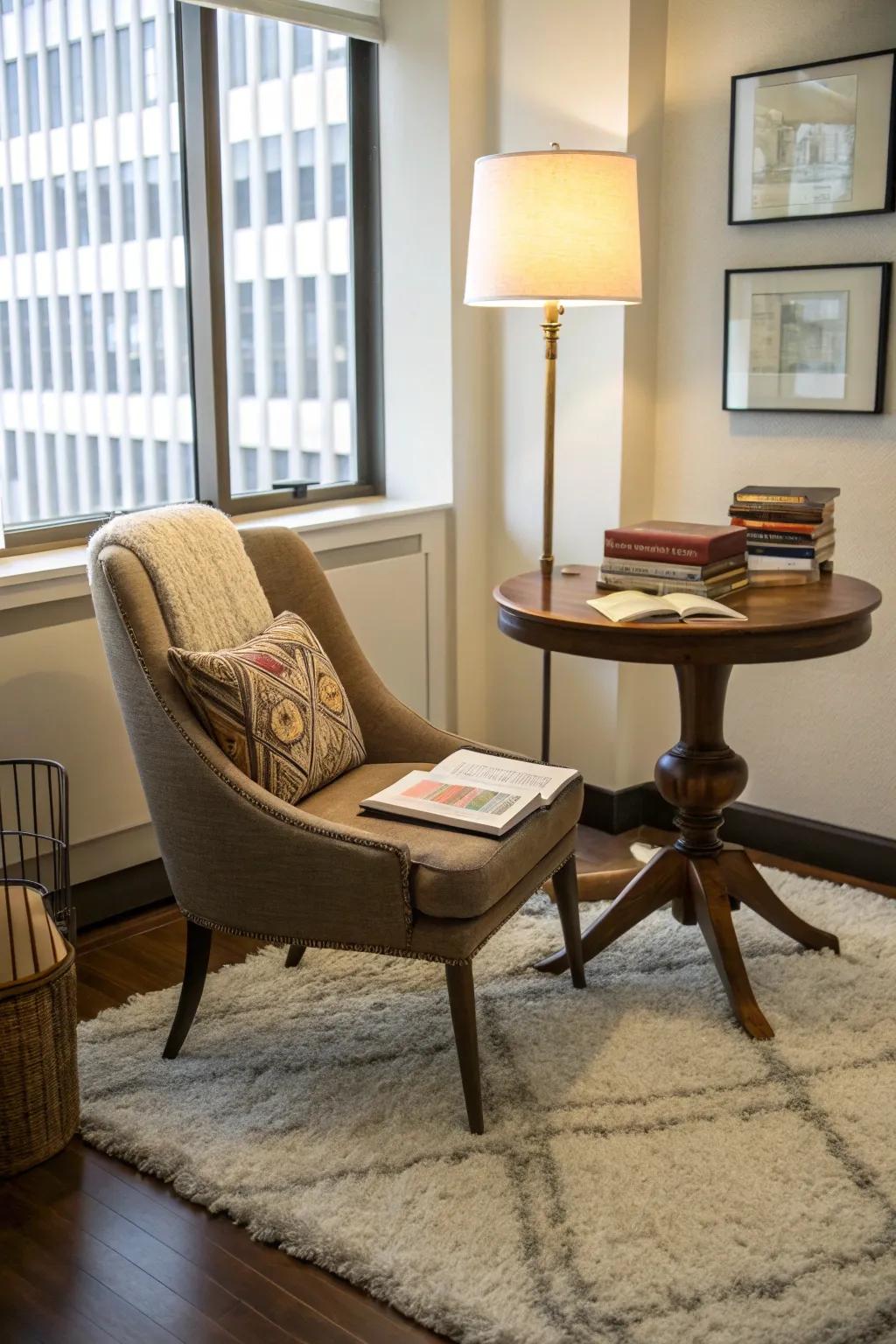 A soft rug under the reading chair adds warmth and defines the area.