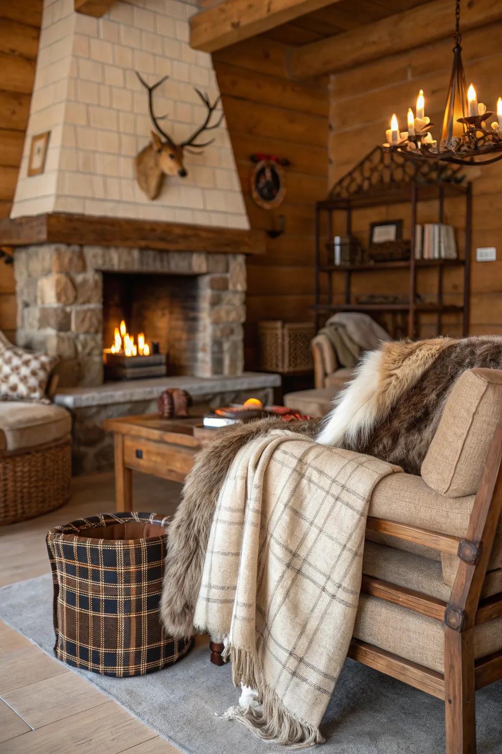 Hunting lodge interior displaying wool throws and fur details for added texture.